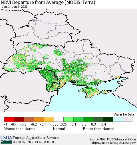 Ukraine, Moldova and Belarus NDVI Departure from Average (Terra-MODIS) Thematic Map For 1/1/2021 - 1/10/2021