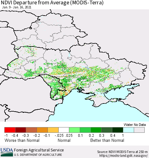 Ukraine, Moldova and Belarus NDVI Departure from Average (Terra-MODIS) Thematic Map For 1/11/2021 - 1/20/2021