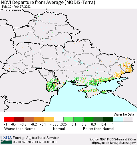 Ukraine, Moldova and Belarus NDVI Departure from Average (Terra-MODIS) Thematic Map For 2/11/2021 - 2/20/2021