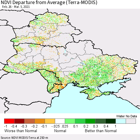 Ukraine, Moldova and Belarus NDVI Departure from Average (Terra-MODIS) Thematic Map For 2/26/2021 - 3/5/2021