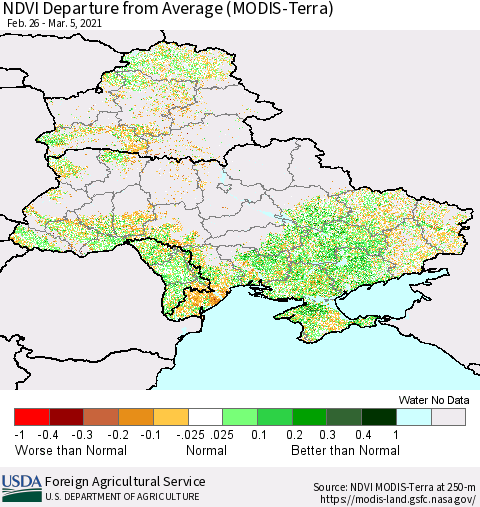 Ukraine, Moldova and Belarus NDVI Departure from Average (Terra-MODIS) Thematic Map For 3/1/2021 - 3/10/2021