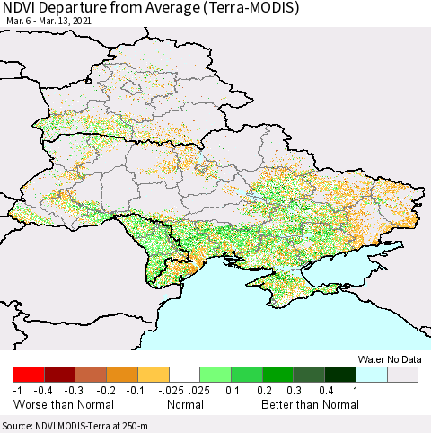 Ukraine, Moldova and Belarus NDVI Departure from Average (Terra-MODIS) Thematic Map For 3/6/2021 - 3/13/2021