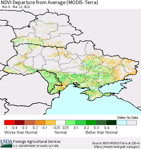 Ukraine, Moldova and Belarus NDVI Departure from Average (Terra-MODIS) Thematic Map For 3/11/2021 - 3/20/2021