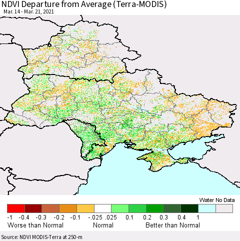 Ukraine, Moldova and Belarus NDVI Departure from Average (Terra-MODIS) Thematic Map For 3/14/2021 - 3/21/2021