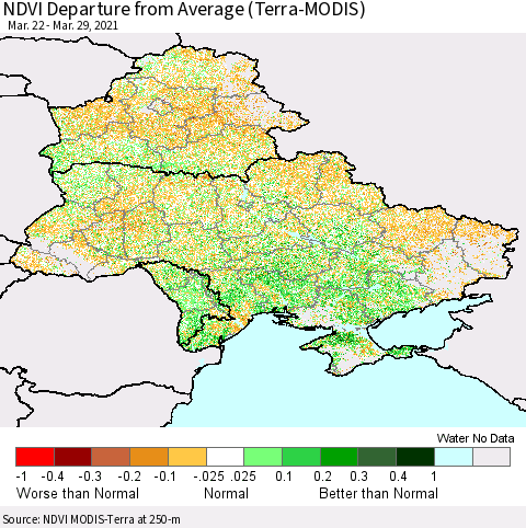 Ukraine, Moldova and Belarus NDVI Departure from Average (Terra-MODIS) Thematic Map For 3/22/2021 - 3/29/2021