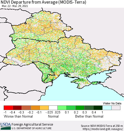 Ukraine, Moldova and Belarus NDVI Departure from Average (Terra-MODIS) Thematic Map For 3/21/2021 - 3/31/2021