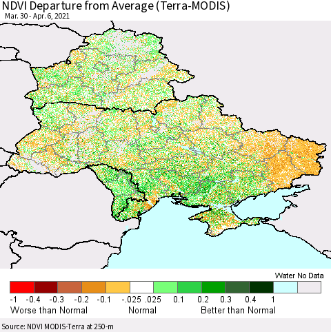 Ukraine, Moldova and Belarus NDVI Departure from Average (Terra-MODIS) Thematic Map For 3/30/2021 - 4/6/2021