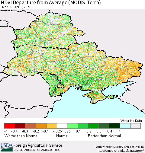 Ukraine, Moldova and Belarus NDVI Departure from Average (Terra-MODIS) Thematic Map For 4/1/2021 - 4/10/2021