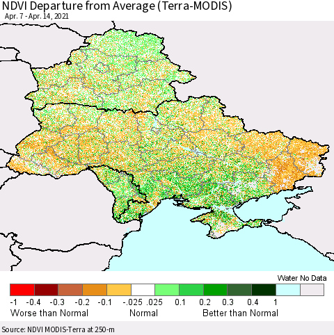 Ukraine, Moldova and Belarus NDVI Departure from Average (Terra-MODIS) Thematic Map For 4/7/2021 - 4/14/2021