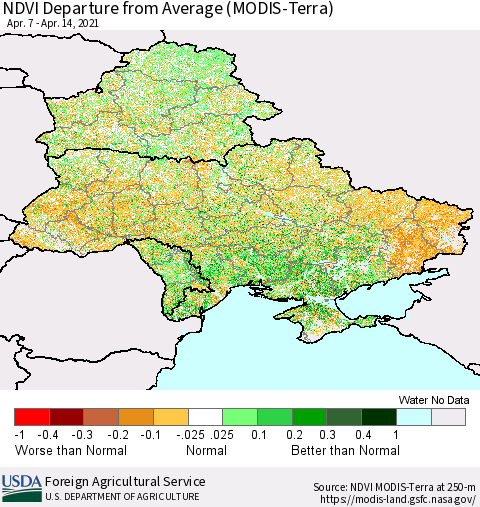 Ukraine, Moldova and Belarus NDVI Departure from Average (Terra-MODIS) Thematic Map For 4/11/2021 - 4/20/2021