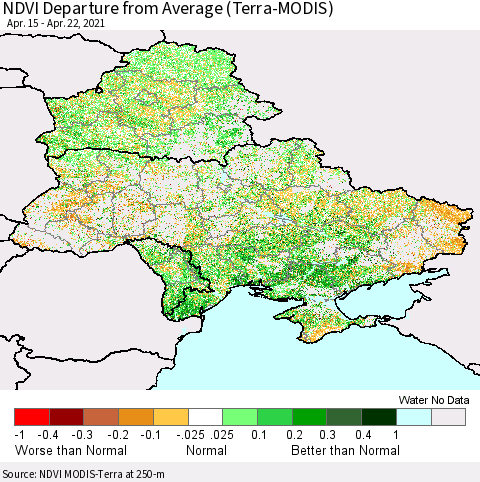 Ukraine, Moldova and Belarus NDVI Departure from Average (Terra-MODIS) Thematic Map For 4/15/2021 - 4/22/2021