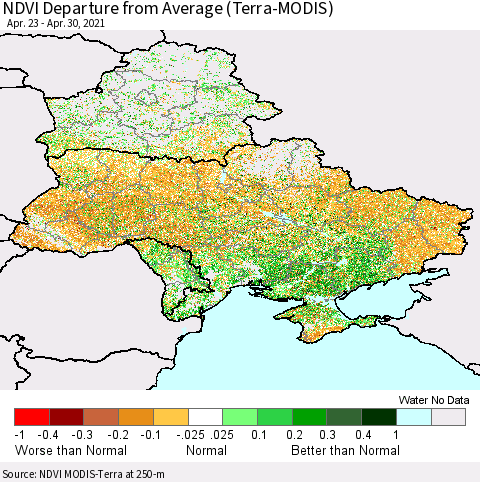 Ukraine, Moldova and Belarus NDVI Departure from Average (Terra-MODIS) Thematic Map For 4/23/2021 - 4/30/2021