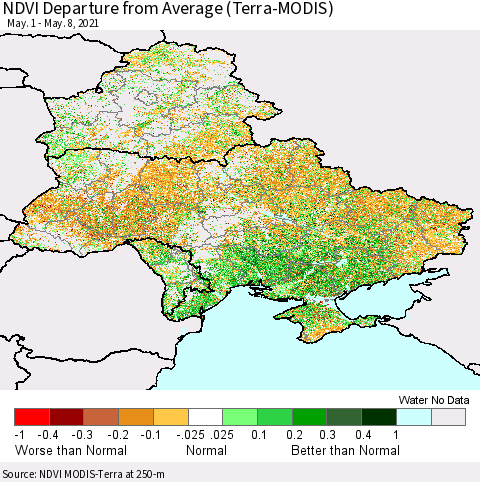 Ukraine, Moldova and Belarus NDVI Departure from Average (Terra-MODIS) Thematic Map For 5/1/2021 - 5/8/2021