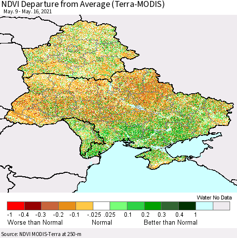 Ukraine, Moldova and Belarus NDVI Departure from Average (Terra-MODIS) Thematic Map For 5/9/2021 - 5/16/2021