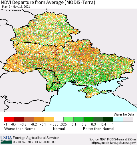 Ukraine, Moldova and Belarus NDVI Departure from Average (Terra-MODIS) Thematic Map For 5/11/2021 - 5/20/2021