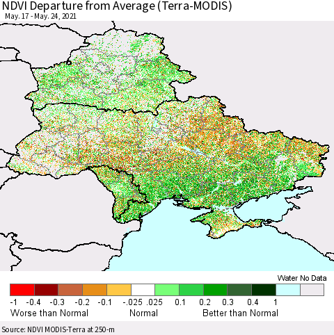 Ukraine, Moldova and Belarus NDVI Departure from Average (Terra-MODIS) Thematic Map For 5/17/2021 - 5/24/2021