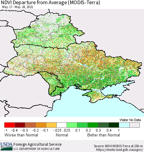 Ukraine, Moldova and Belarus NDVI Departure from Average (Terra-MODIS) Thematic Map For 5/21/2021 - 5/31/2021