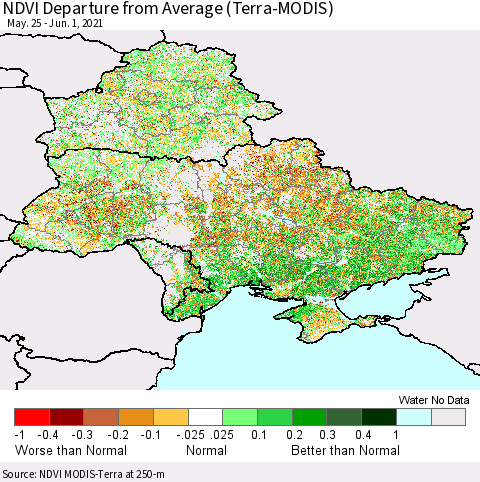 Ukraine, Moldova and Belarus NDVI Departure from Average (Terra-MODIS) Thematic Map For 5/25/2021 - 6/1/2021