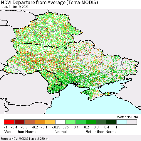 Ukraine, Moldova and Belarus NDVI Departure from Average (Terra-MODIS) Thematic Map For 6/2/2021 - 6/9/2021