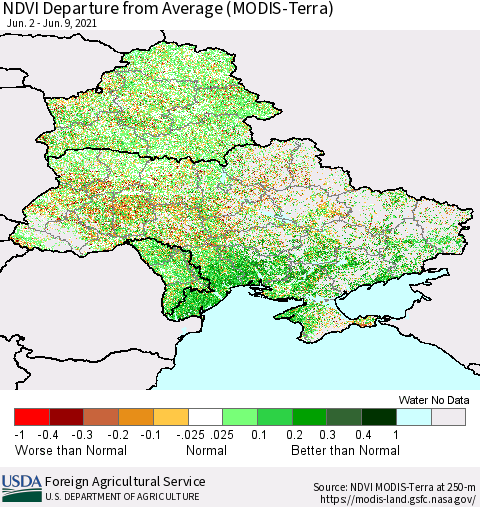 Ukraine, Moldova and Belarus NDVI Departure from Average (Terra-MODIS) Thematic Map For 6/1/2021 - 6/10/2021