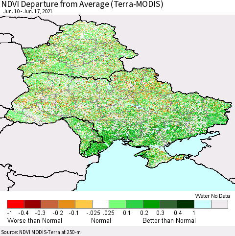 Ukraine, Moldova and Belarus NDVI Departure from Average (Terra-MODIS) Thematic Map For 6/10/2021 - 6/17/2021