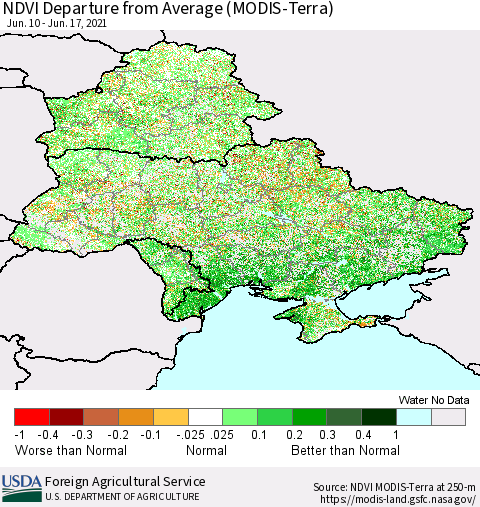 Ukraine, Moldova and Belarus NDVI Departure from Average (Terra-MODIS) Thematic Map For 6/11/2021 - 6/20/2021
