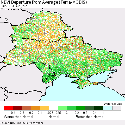Ukraine, Moldova and Belarus NDVI Departure from Average (Terra-MODIS) Thematic Map For 6/18/2021 - 6/25/2021