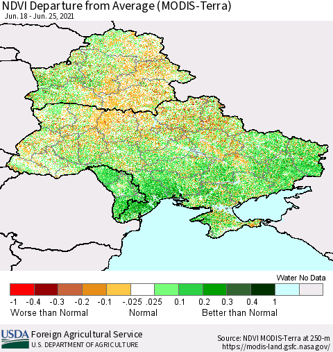Ukraine, Moldova and Belarus NDVI Departure from Average (Terra-MODIS) Thematic Map For 6/21/2021 - 6/30/2021