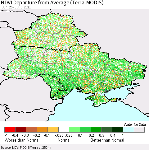 Ukraine, Moldova and Belarus NDVI Departure from Average (Terra-MODIS) Thematic Map For 6/26/2021 - 7/3/2021