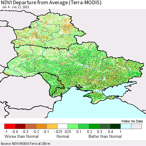 Ukraine, Moldova and Belarus NDVI Departure from Average (Terra-MODIS) Thematic Map For 7/4/2021 - 7/11/2021
