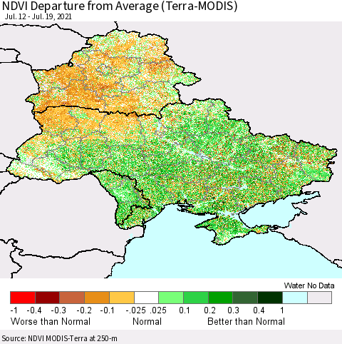 Ukraine, Moldova and Belarus NDVI Departure from Average (Terra-MODIS) Thematic Map For 7/12/2021 - 7/19/2021