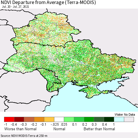 Ukraine, Moldova and Belarus NDVI Departure from Average (Terra-MODIS) Thematic Map For 7/20/2021 - 7/27/2021