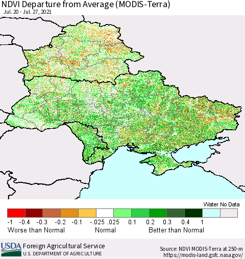 Ukraine, Moldova and Belarus NDVI Departure from Average (Terra-MODIS) Thematic Map For 7/21/2021 - 7/31/2021