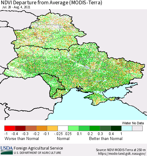 Ukraine, Moldova and Belarus NDVI Departure from Average (Terra-MODIS) Thematic Map For 8/1/2021 - 8/10/2021
