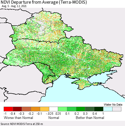 Ukraine, Moldova and Belarus NDVI Departure from Average (Terra-MODIS) Thematic Map For 8/5/2021 - 8/12/2021