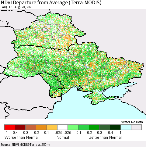 Ukraine, Moldova and Belarus NDVI Departure from Average (Terra-MODIS) Thematic Map For 8/11/2021 - 8/20/2021