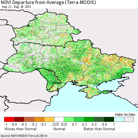 Ukraine, Moldova and Belarus NDVI Departure from Average (Terra-MODIS) Thematic Map For 8/21/2021 - 8/28/2021