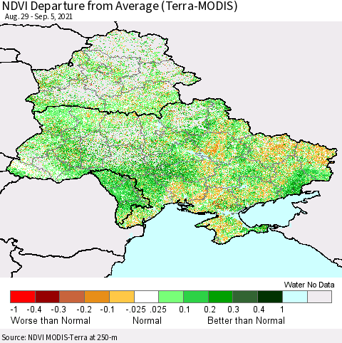 Ukraine, Moldova and Belarus NDVI Departure from Average (Terra-MODIS) Thematic Map For 8/29/2021 - 9/5/2021