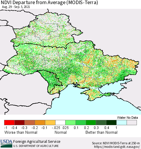 Ukraine, Moldova and Belarus NDVI Departure from Average (Terra-MODIS) Thematic Map For 9/1/2021 - 9/10/2021