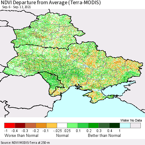 Ukraine, Moldova and Belarus NDVI Departure from Average (Terra-MODIS) Thematic Map For 9/6/2021 - 9/13/2021