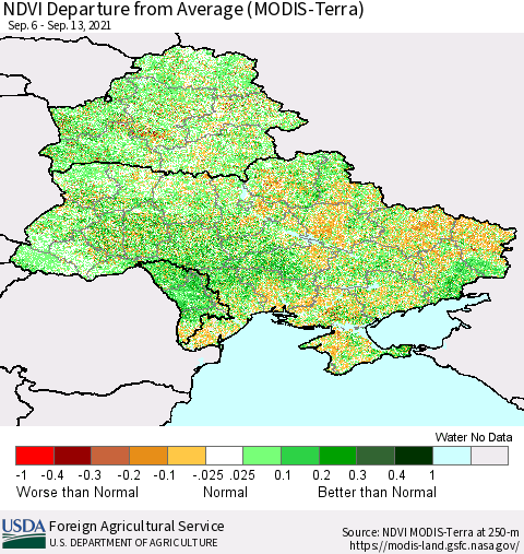 Ukraine, Moldova and Belarus NDVI Departure from Average (Terra-MODIS) Thematic Map For 9/11/2021 - 9/20/2021