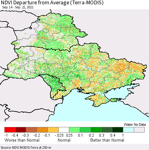 Ukraine, Moldova and Belarus NDVI Departure from Average (Terra-MODIS) Thematic Map For 9/14/2021 - 9/21/2021