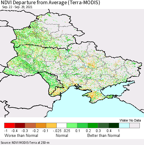 Ukraine, Moldova and Belarus NDVI Departure from Average (Terra-MODIS) Thematic Map For 9/22/2021 - 9/29/2021