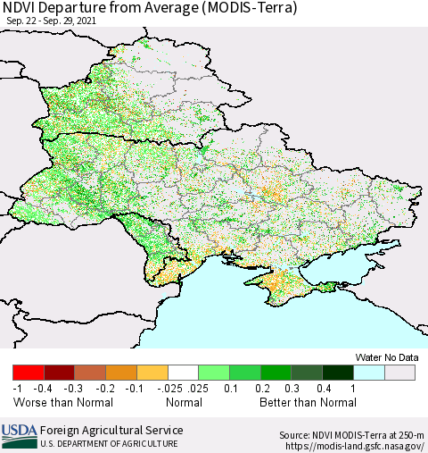 Ukraine, Moldova and Belarus NDVI Departure from Average (Terra-MODIS) Thematic Map For 9/21/2021 - 9/30/2021