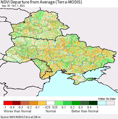 Ukraine, Moldova and Belarus NDVI Departure from Average (Terra-MODIS) Thematic Map For 9/30/2021 - 10/7/2021