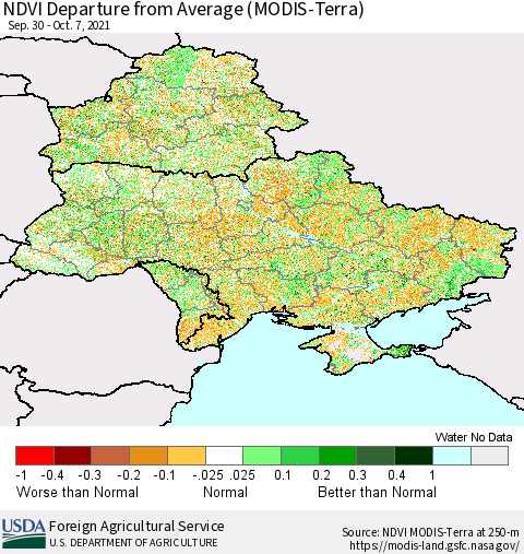 Ukraine, Moldova and Belarus NDVI Departure from Average (Terra-MODIS) Thematic Map For 10/1/2021 - 10/10/2021