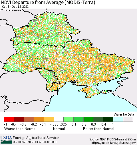 Ukraine, Moldova and Belarus NDVI Departure from Average (Terra-MODIS) Thematic Map For 10/11/2021 - 10/20/2021