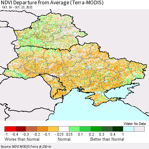 Ukraine, Moldova and Belarus NDVI Departure from Average (Terra-MODIS) Thematic Map For 10/16/2021 - 10/23/2021