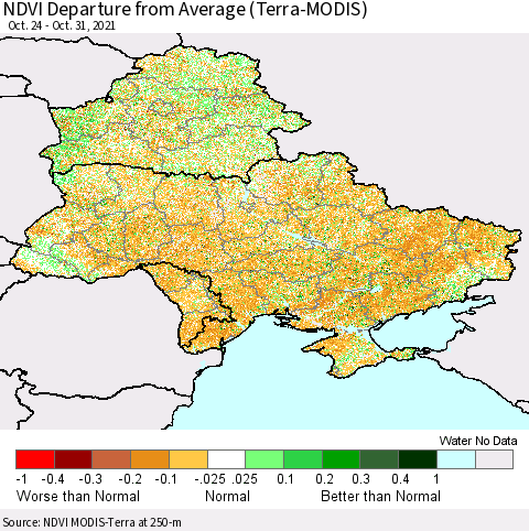 Ukraine, Moldova and Belarus NDVI Departure from Average (Terra-MODIS) Thematic Map For 10/21/2021 - 10/31/2021