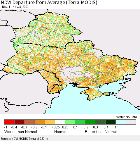 Ukraine, Moldova and Belarus NDVI Departure from Average (Terra-MODIS) Thematic Map For 11/1/2021 - 11/8/2021